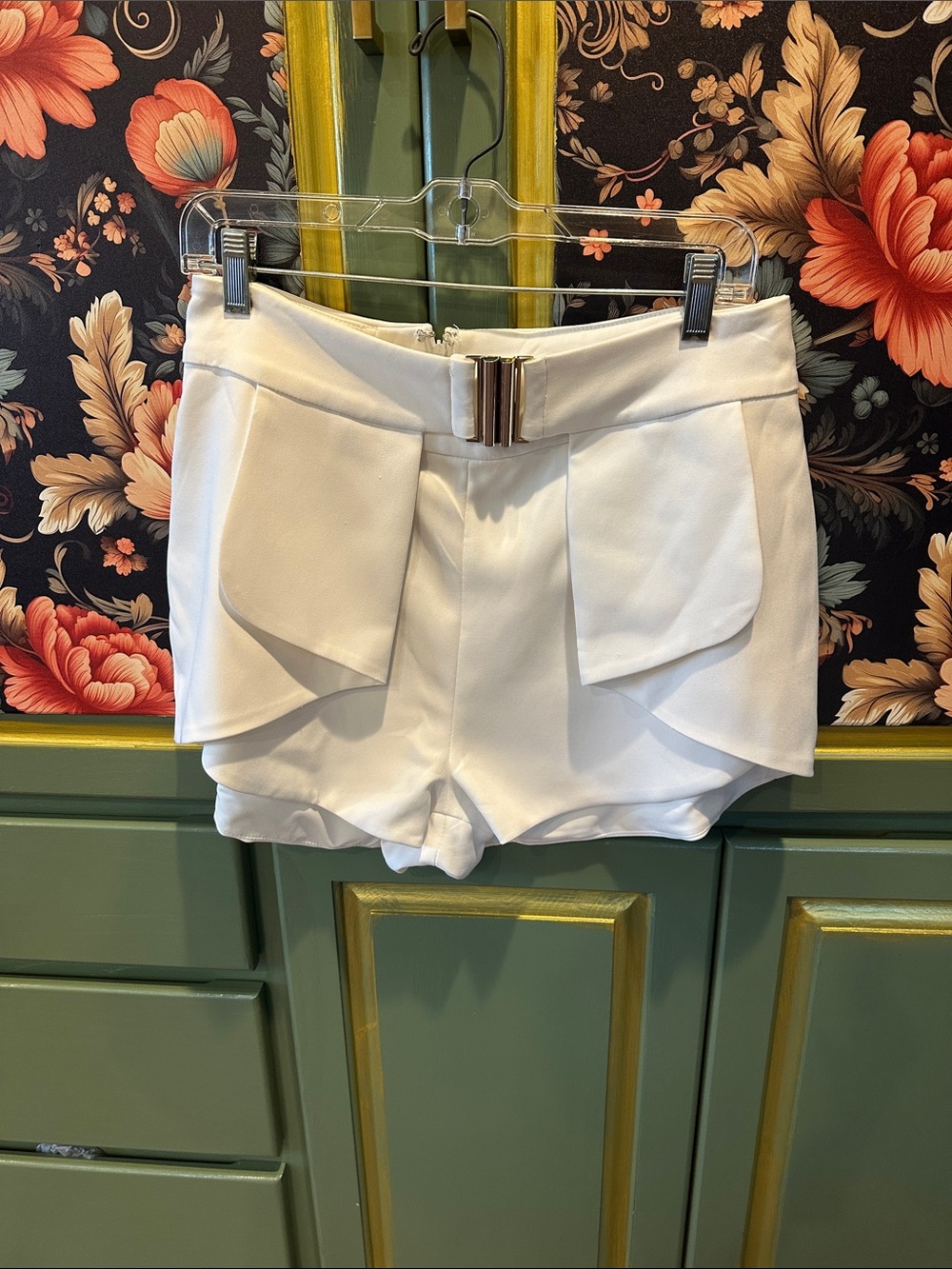 Lavish Alice White High-Waist Draped Shorts with silver Buckle Detail